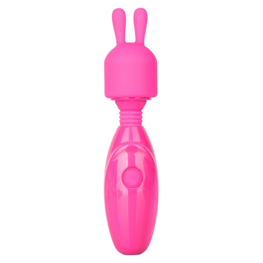 A pink, rechargeable bunny vibrator with a flexible neck and a silicone bunny ear attachment on top. It features a single control button on the handle.