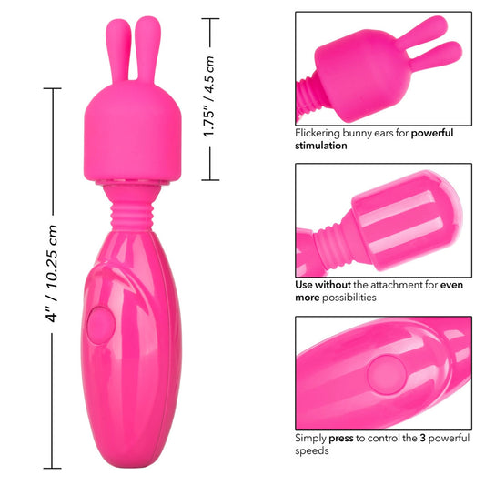 A pink, rechargeable bunny vibrator with a flexible neck and a silicone bunny ear attachment on top. It features a single control button on the handle.