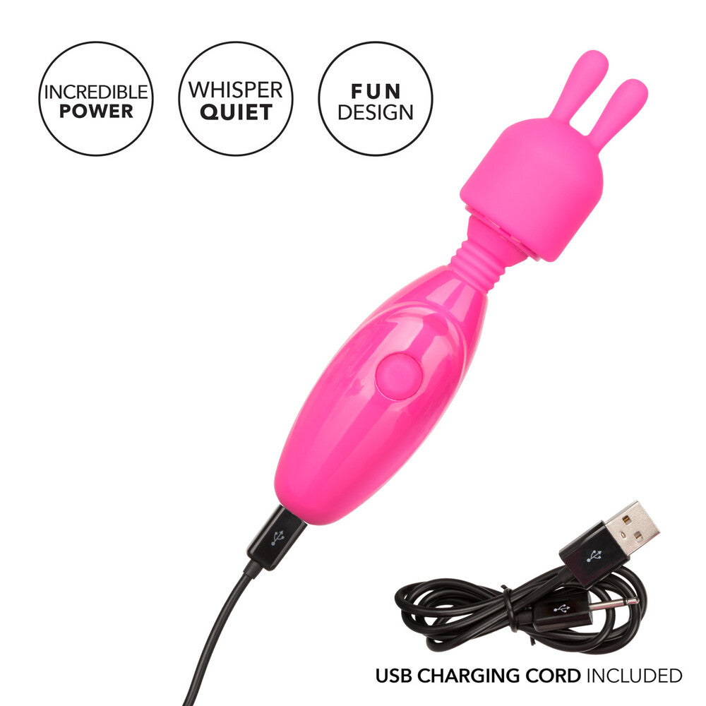 A pink, rechargeable bunny vibrator with a flexible neck and a silicone bunny ear attachment on top. It features a single control button on the handle.