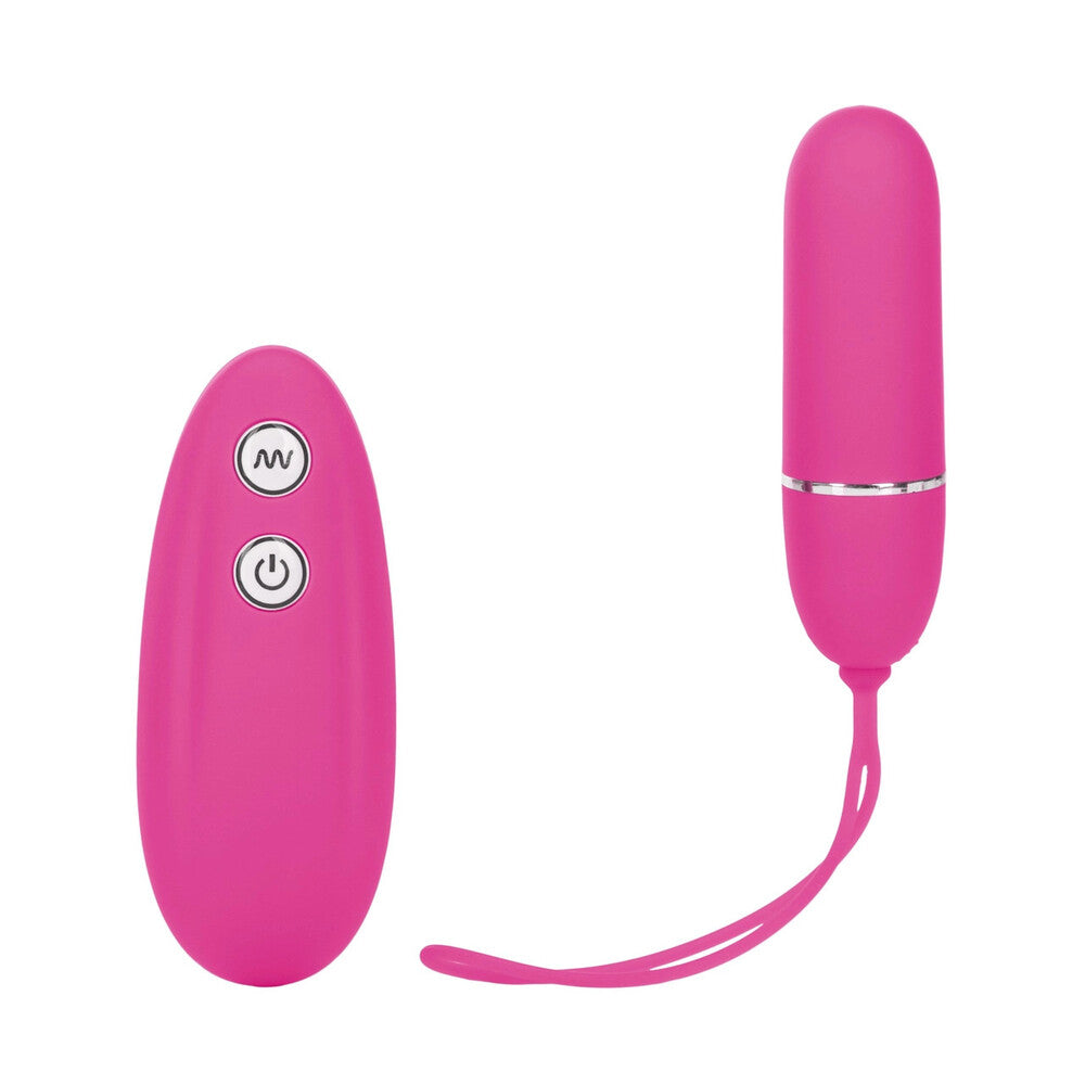 A pink remote control with two buttons and a pink bullet vibrator attached via a string.