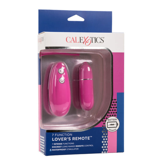 Pink remote control in packaging with blue and white background.