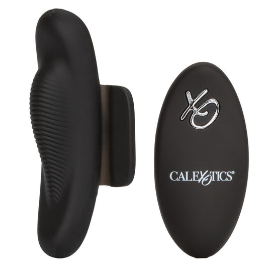 A black, firm silicone remote control petite panty teaser with ridges for stimulation. It includes a remote controller featuring the California Exotic brand logo.