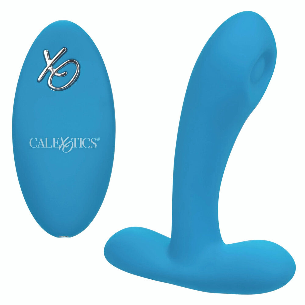 A blue silicone vibrator with a curved design and a small remote control featuring the brand name 'California Exotics'. The vibrator has a smooth surface and a powerful pulsating tip.