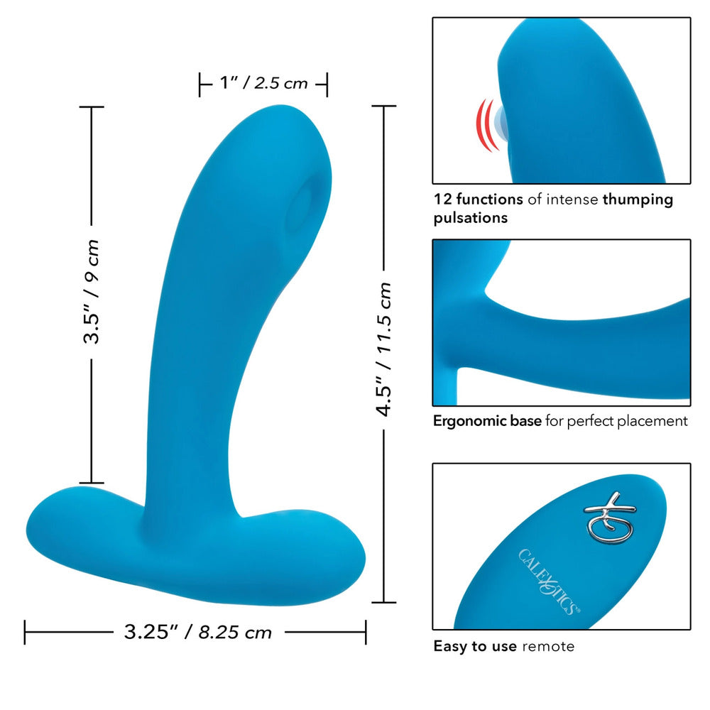 A blue silicone vibrator with a curved design and a small remote control featuring the brand name 'California Exotics'. The vibrator has a smooth surface and a powerful pulsating tip.