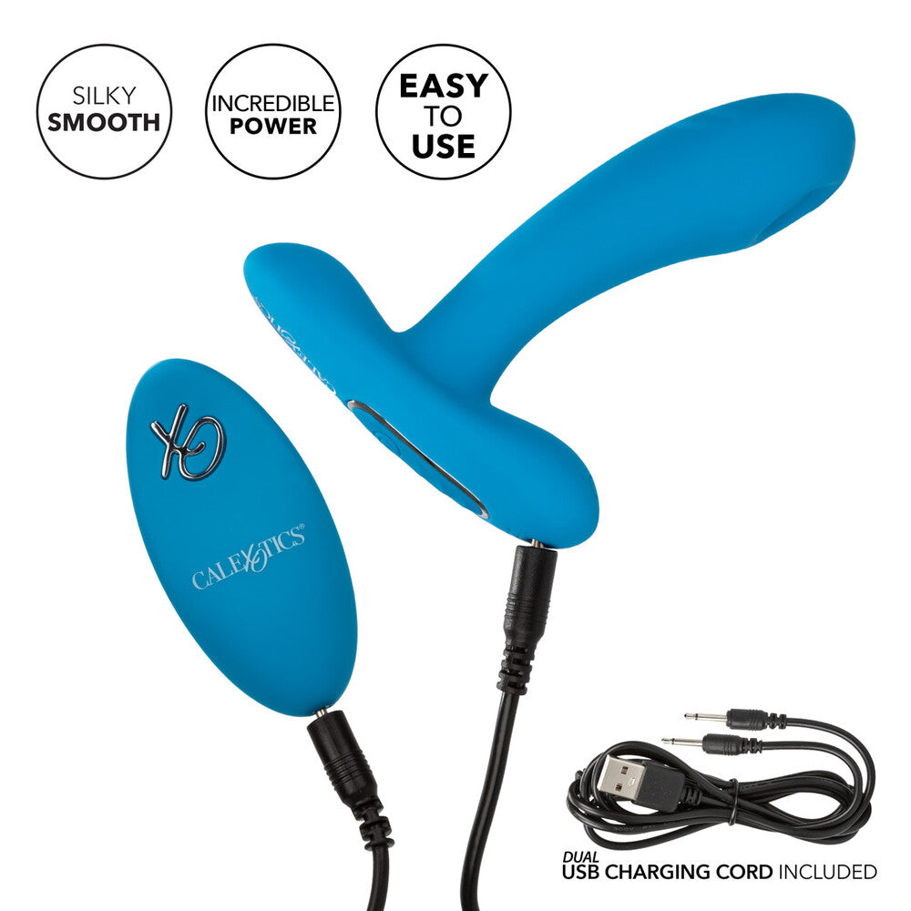 A blue silicone vibrator with a curved design and a small remote control featuring the brand name 'California Exotics'. The vibrator has a smooth surface and a powerful pulsating tip.