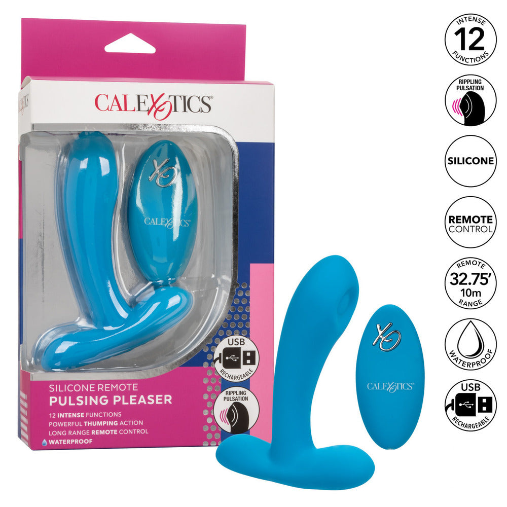 A blue silicone vibrator with a curved design and a small remote control featuring the brand name 'California Exotics'. The vibrator has a smooth surface and a powerful pulsating tip.