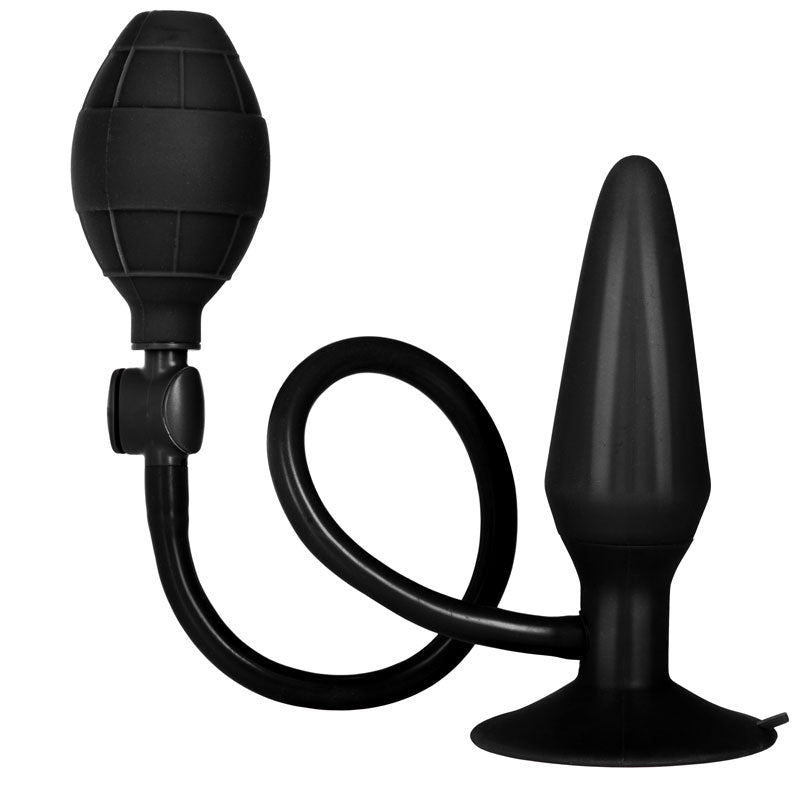Black silicone butt plug with suction cup on a white background