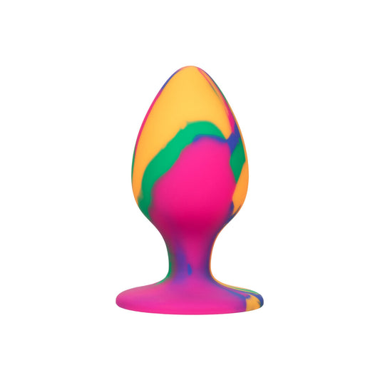 Colorful silicone butt plug on a white background