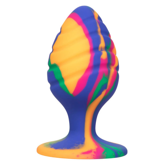 Colorful silicone butt plug with tie-dye pattern on a white background