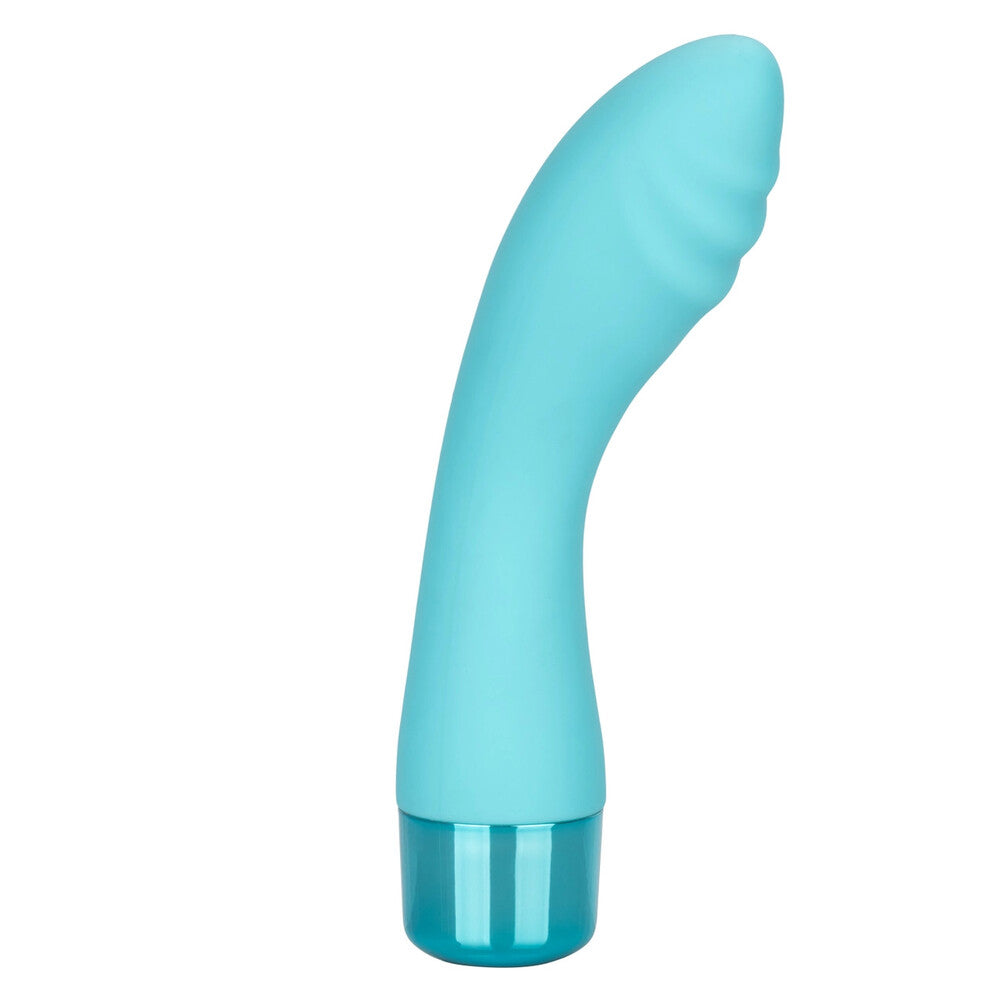 A light blue silicone G-spot vibrator with a curved design and a metallic band at the base.
