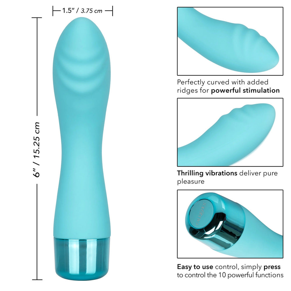 A light blue silicone G-spot vibrator with a curved design and a metallic band at the base.