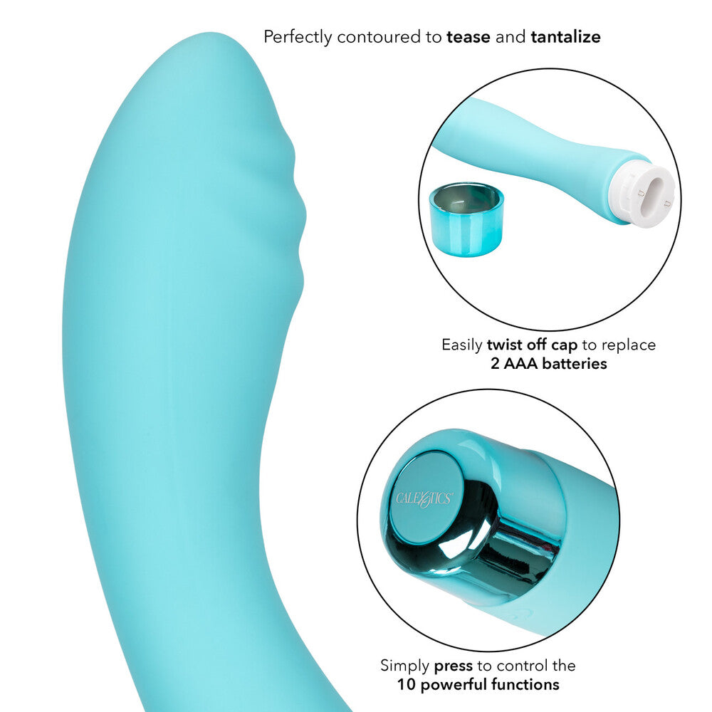 A light blue silicone G-spot vibrator with a curved design and a metallic band at the base.