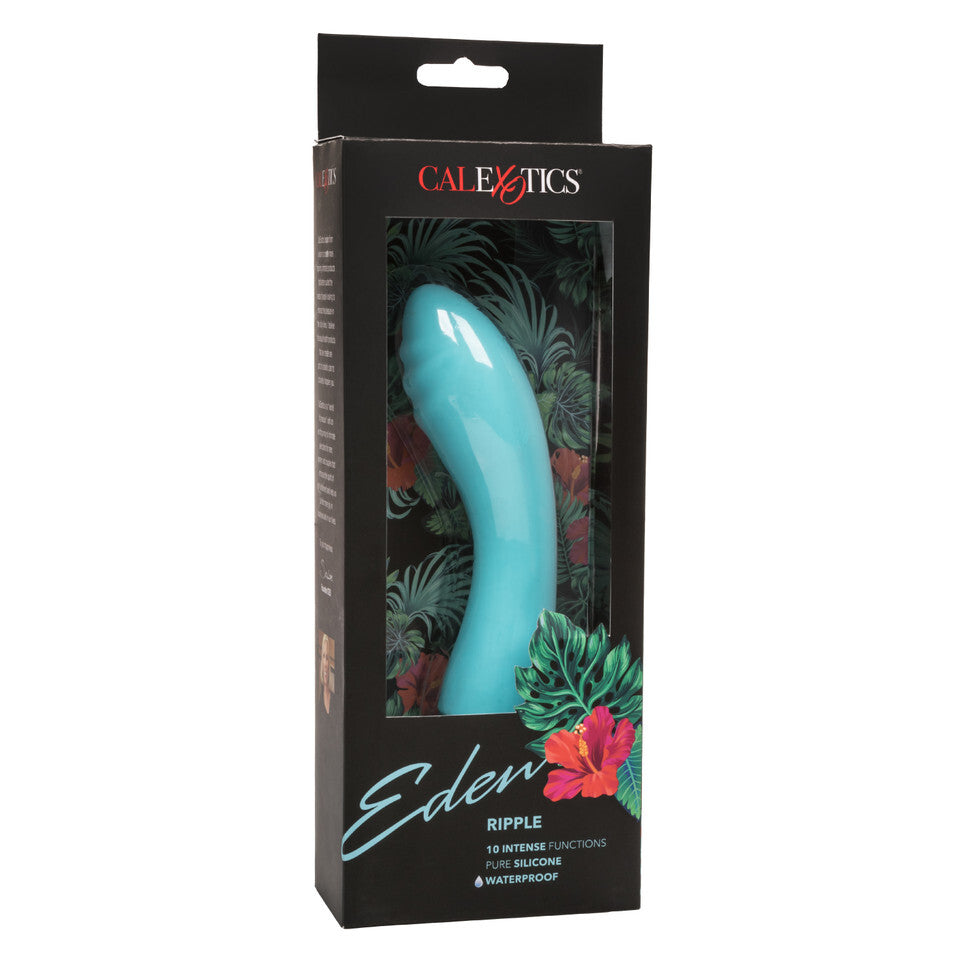 A light blue silicone G-spot vibrator with a curved design and a metallic band at the base.
