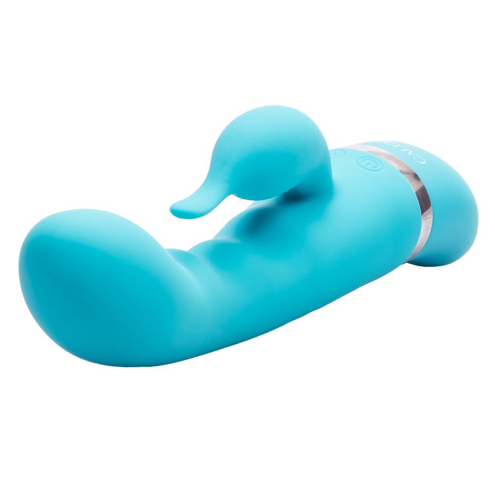 A blue, curved G-spot vibrator with a small extension, dual motors, and a band with a logo around the base.