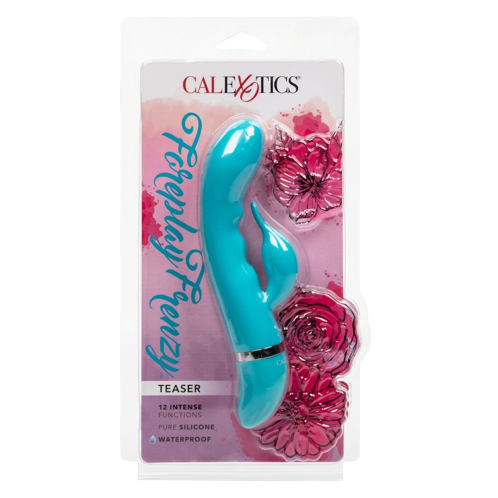 A blue, curved G-spot vibrator with a small extension, dual motors, and a band with a logo around the base.