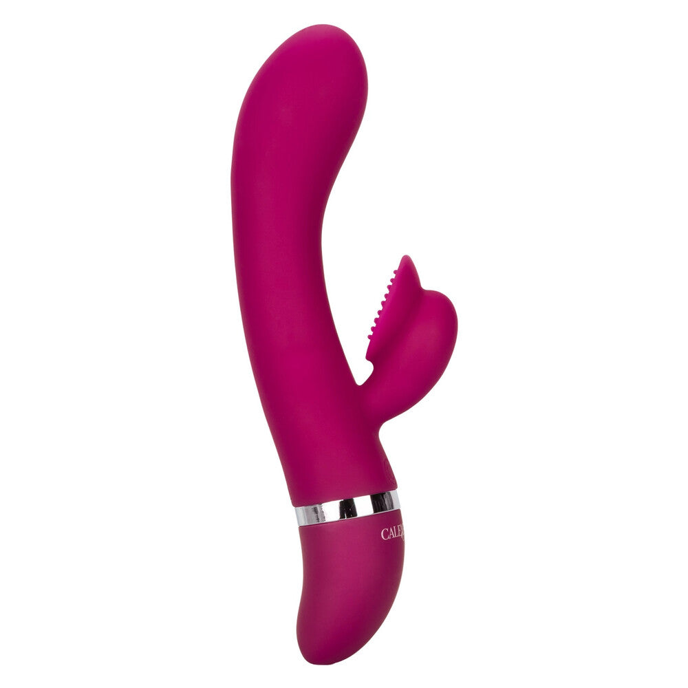 A purple, dual stimulator vibrator with a curved design and a small protrusion at the top. The handle is sleek with a metallic band near the base and labeled with the brand name 'California Exotic Him or Her'.