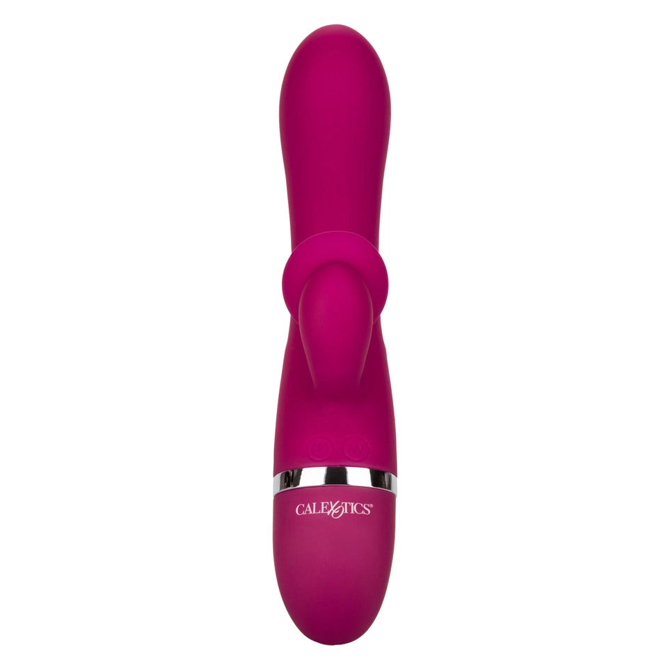 A purple, dual stimulator vibrator with a curved design and a small protrusion at the top. The handle is sleek with a metallic band near the base and labeled with the brand name 'California Exotic Him or Her'.