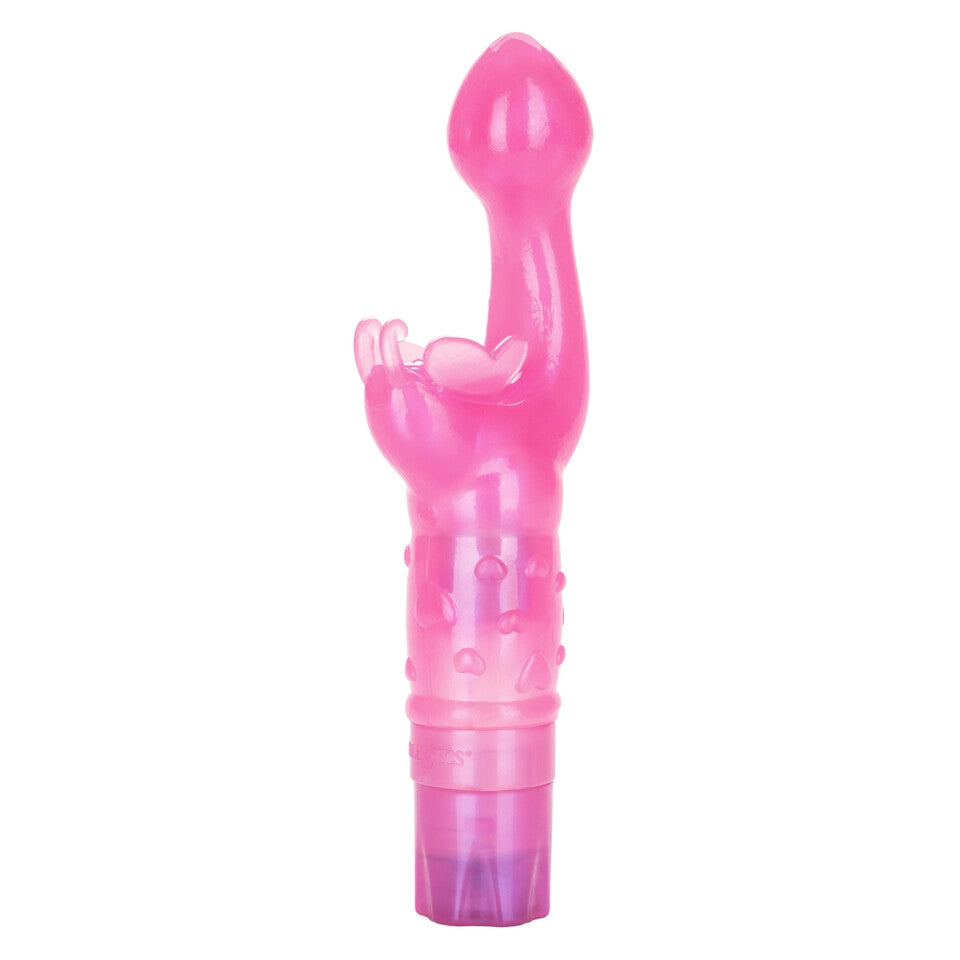 A hot pink, curved G-spot vibrator with a smooth tip and a butterfly-shaped extension at the base. The stimulator is made from soft, flexible TPR and has a decorated shaft.