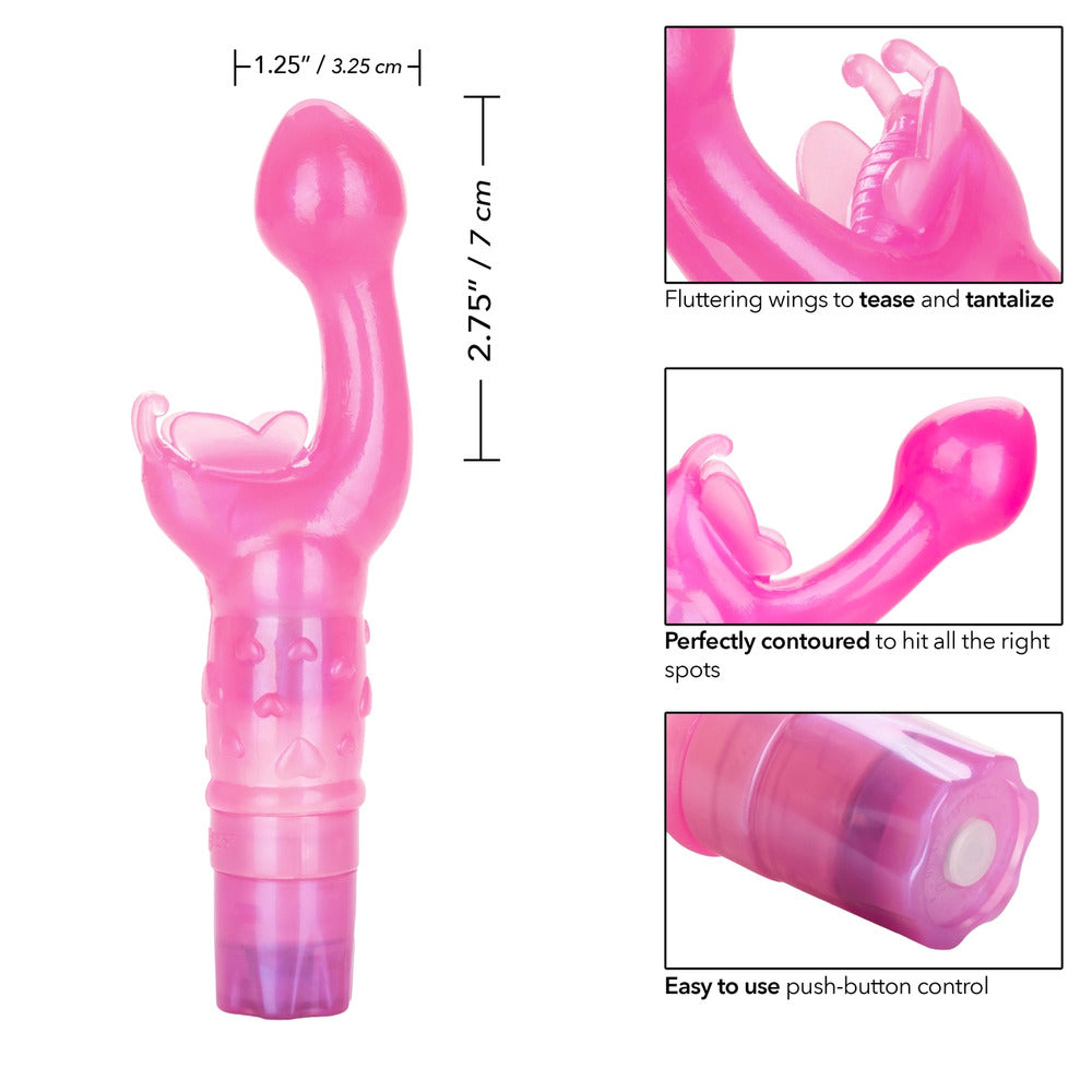 A hot pink, curved G-spot vibrator with a smooth tip and a butterfly-shaped extension at the base. The stimulator is made from soft, flexible TPR and has a decorated shaft.