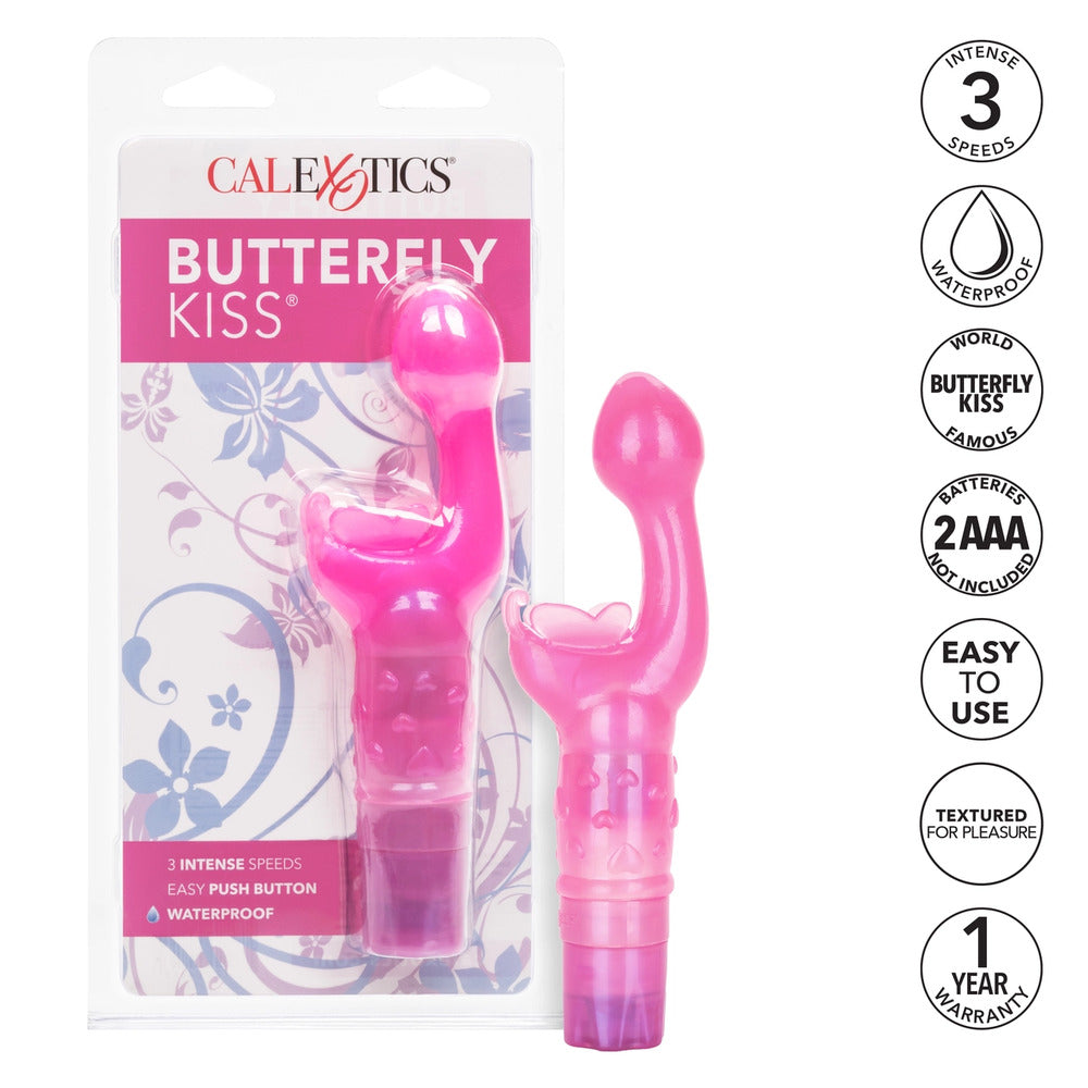 A hot pink, curved G-spot vibrator with a smooth tip and a butterfly-shaped extension at the base. The stimulator is made from soft, flexible TPR and has a decorated shaft.