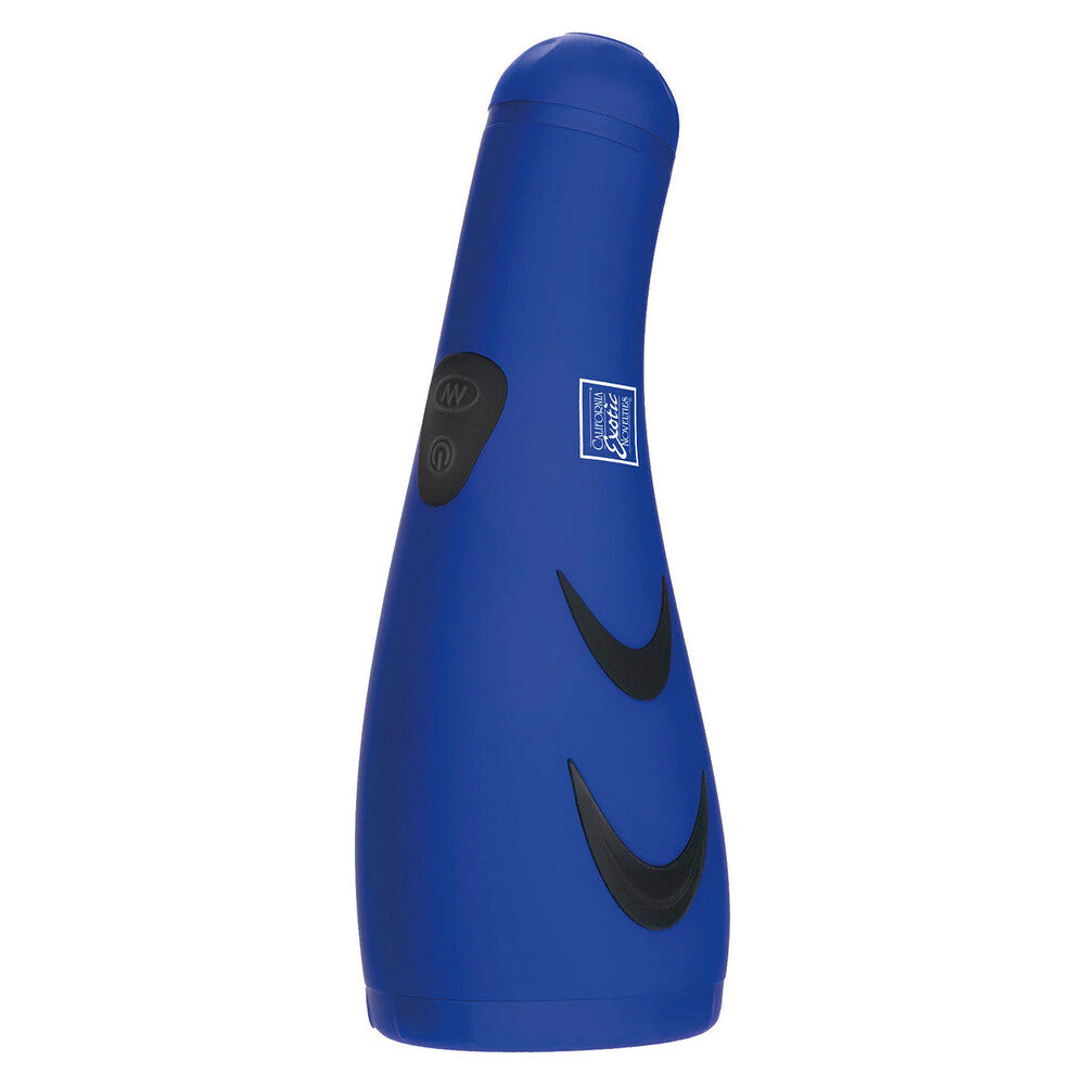 A blue, conical water-resistant vibrator with a smooth surface and black accents, including two black hearts near the base and a black logo near the top.