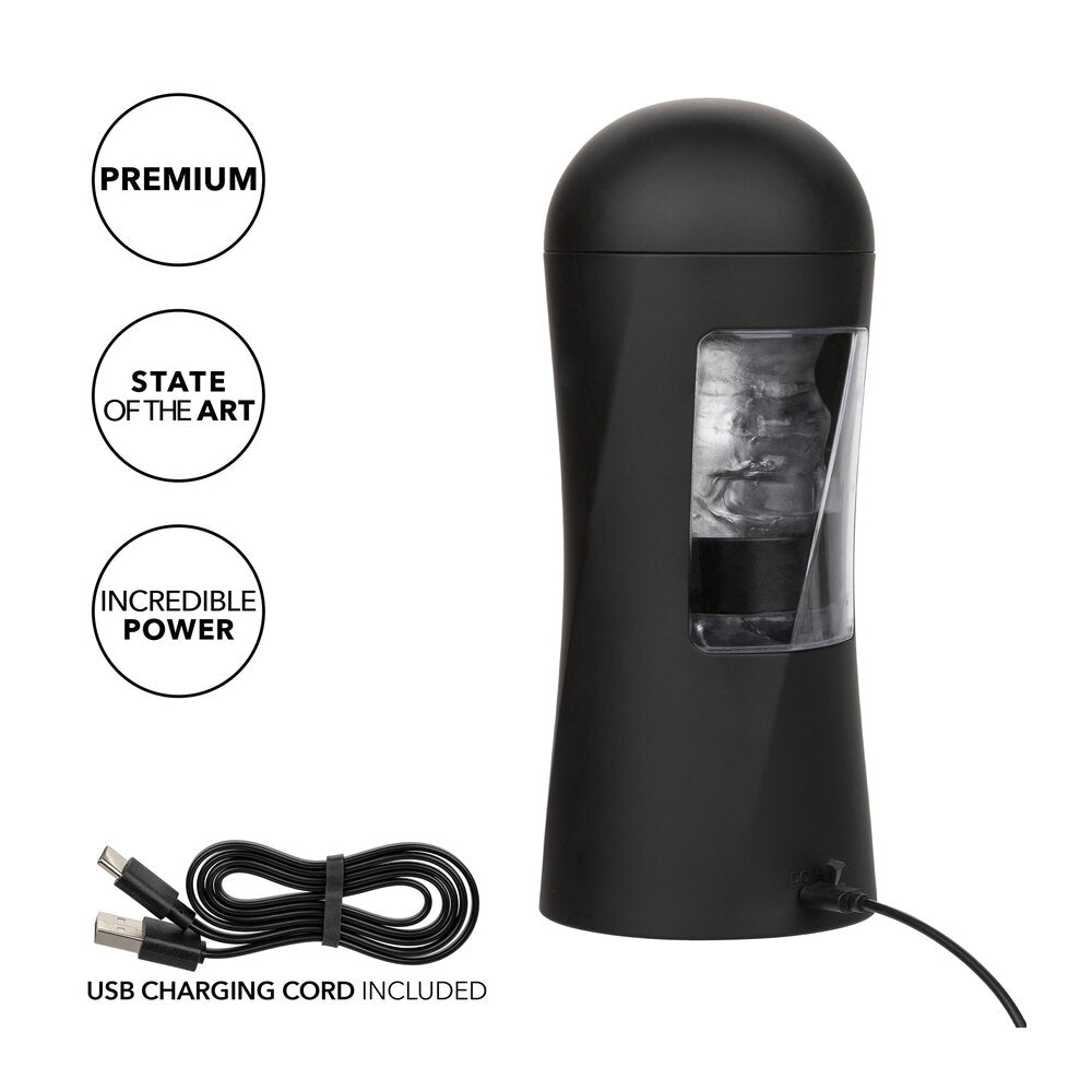 Black cylindrical electronic device with USB charging cord on white background