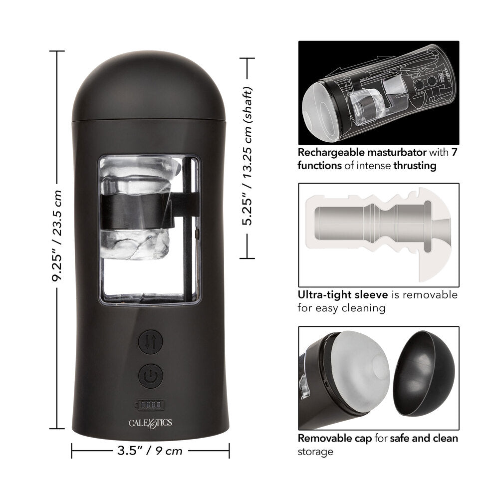 Rechargeable masturbator with measurements and features on a white background