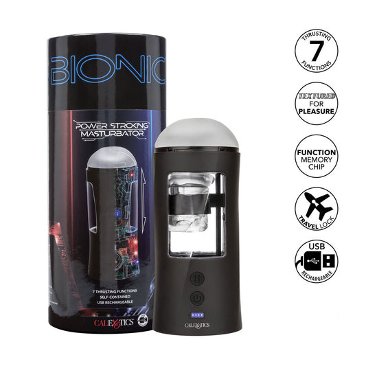 The image shows the Bionic Power Stroker Masturbator, both inside and outside its packaging. The product is black with a clear, life-like sleeve visible through the window of the box.