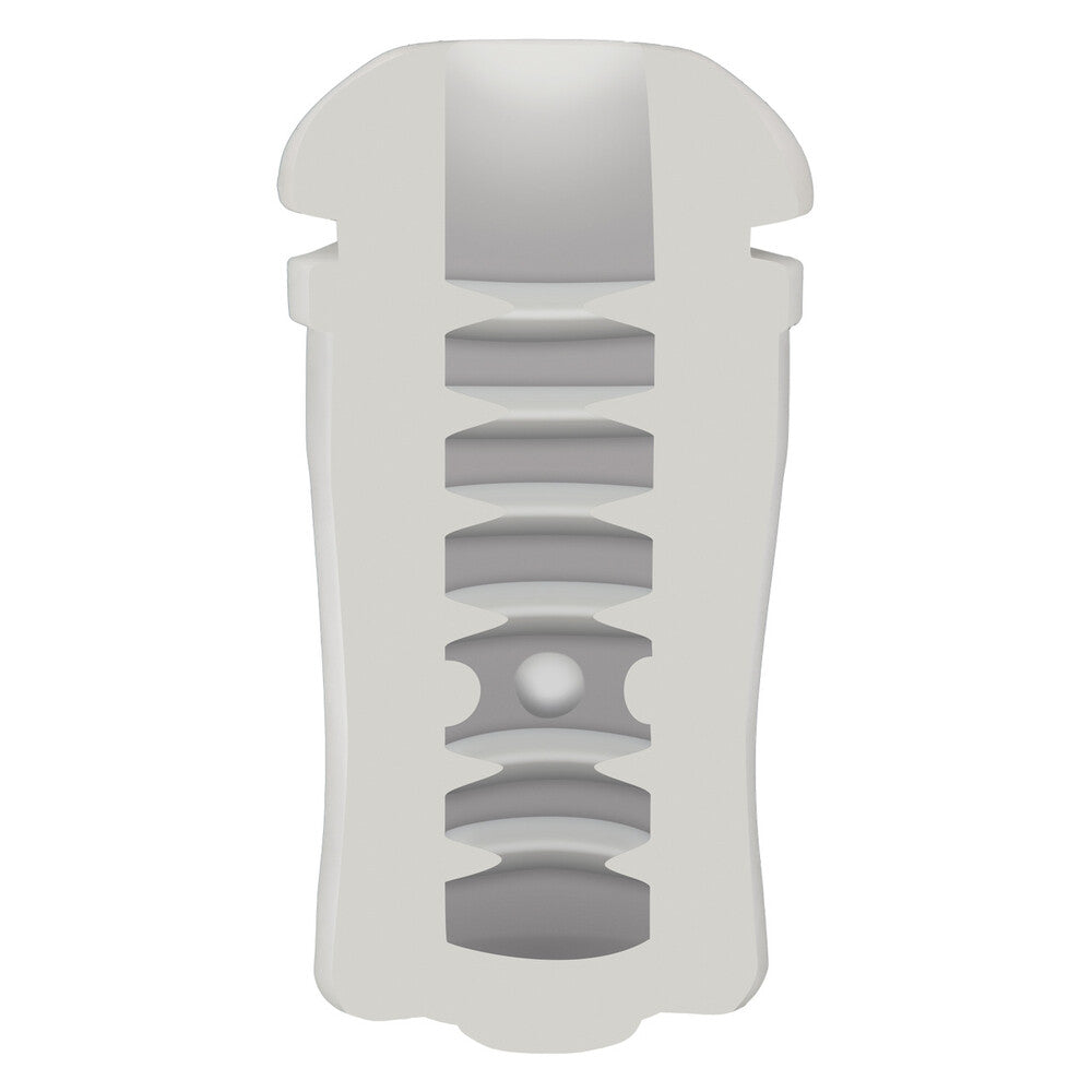 White plastic component with cut-out design on a white background