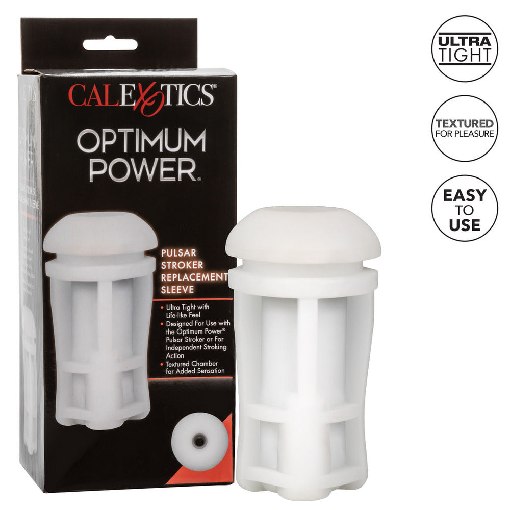 Calexotics Optimum Power product with packaging and features listed on a white background