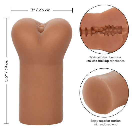 Sexual product with measurements and textural details on a white background