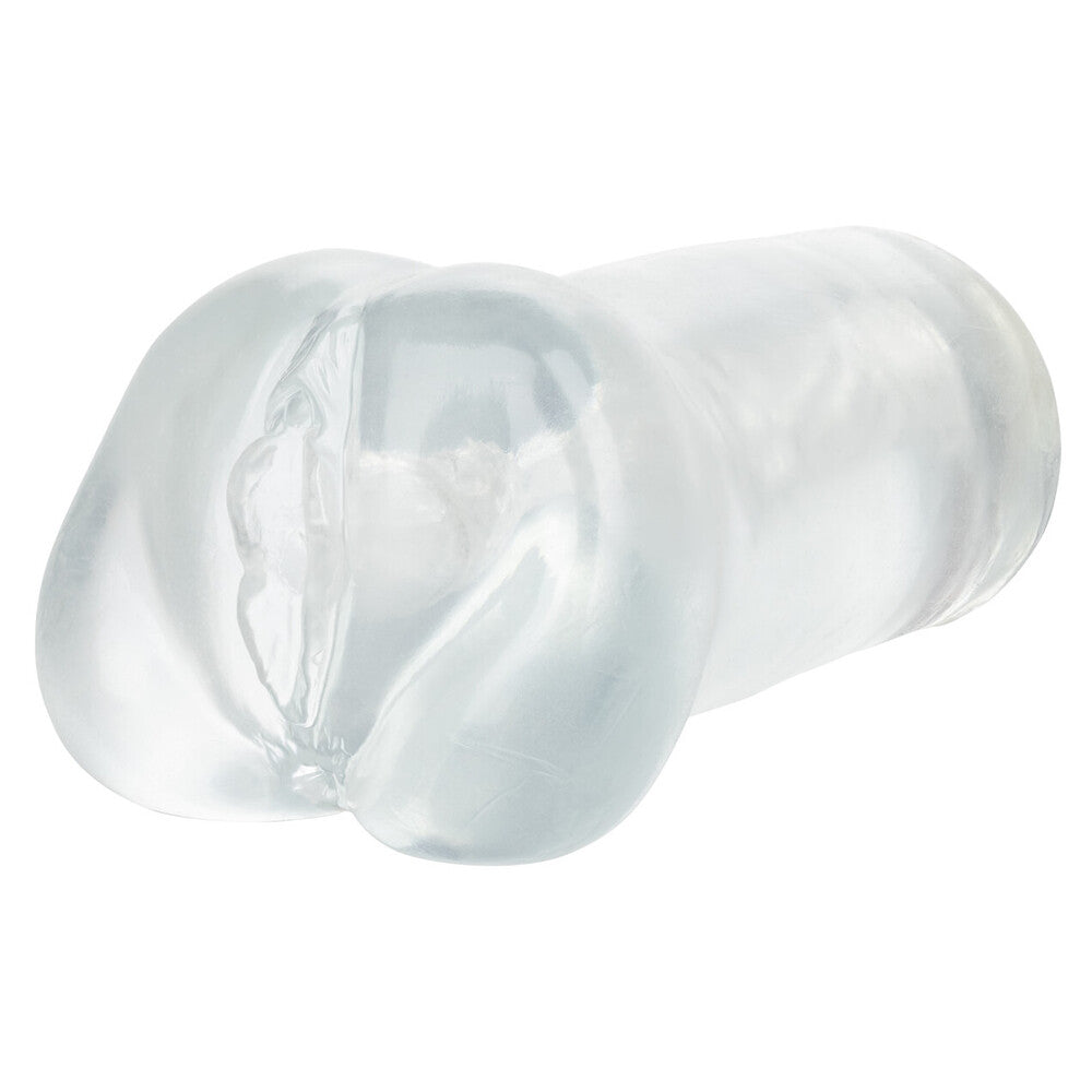 A clear, closed-ended sleeve with a textured interior designed for masturbatory use.