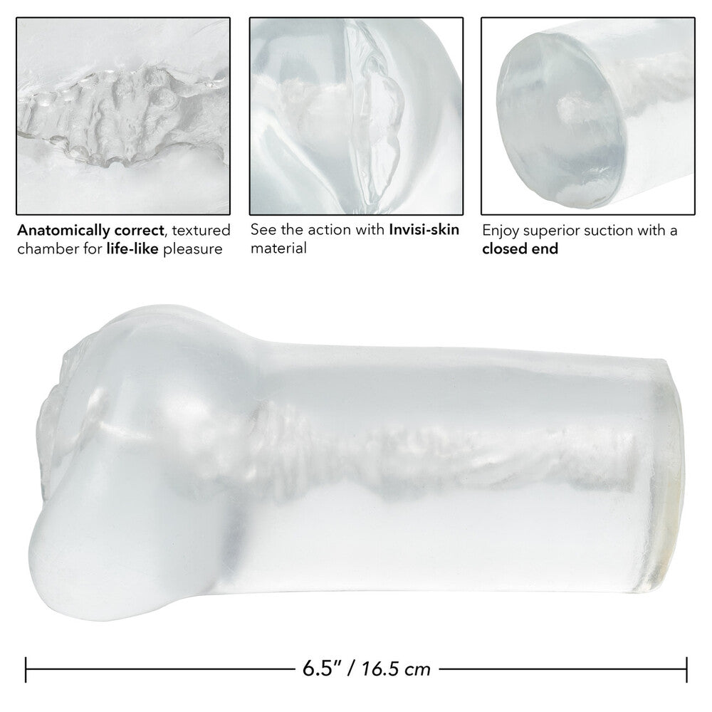 A clear, closed-ended sleeve with a textured interior designed for masturbatory use.