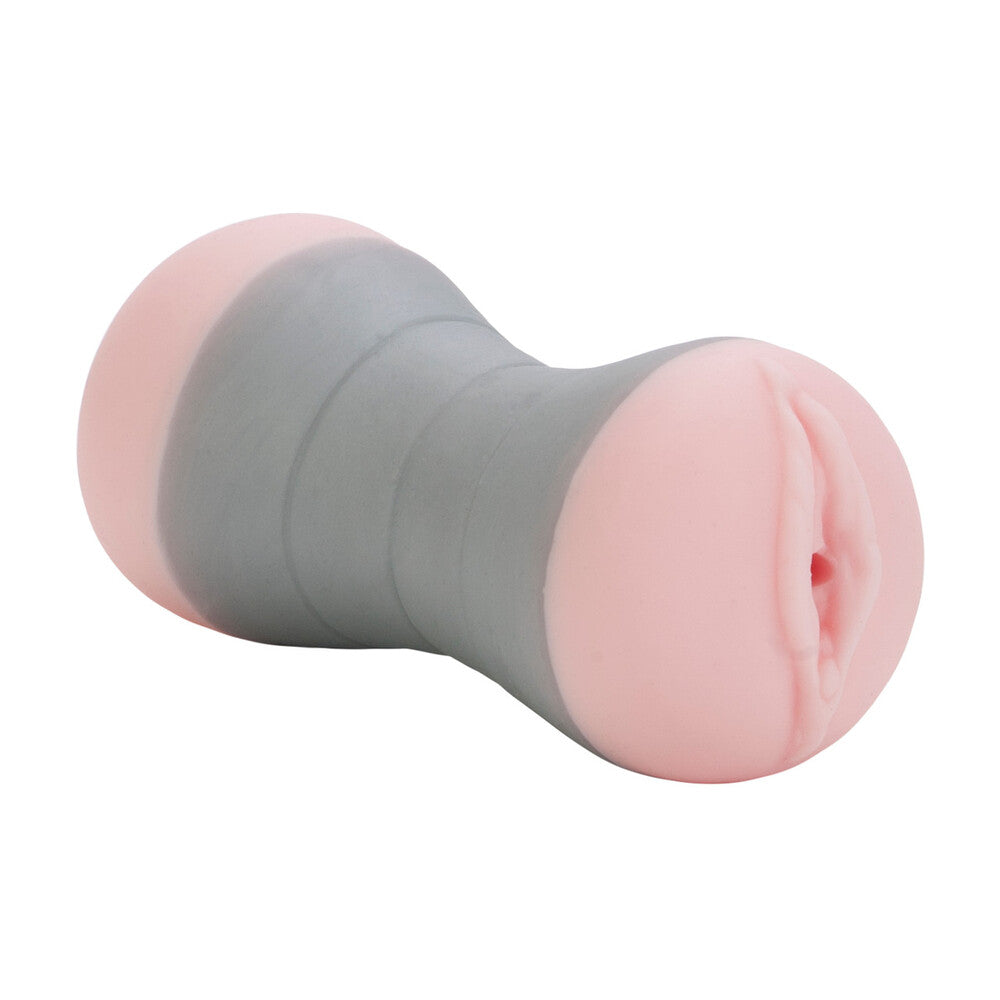 A flesh-pink travel-sized masturbator with a unique design for grip. It has dual-density for enhanced stroking action and a life-like appearance.