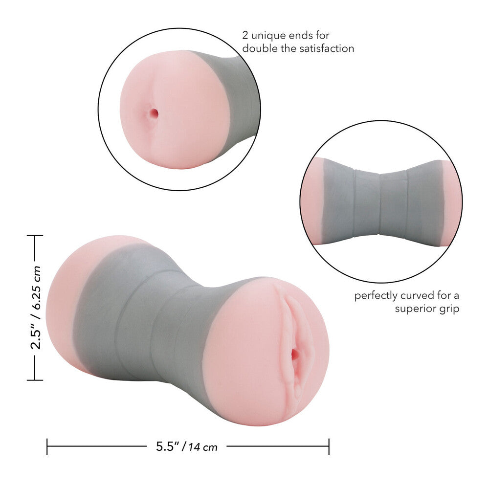 A flesh-pink travel-sized masturbator with a unique design for grip. It has dual-density for enhanced stroking action and a life-like appearance.
