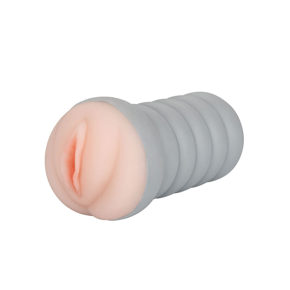 A flesh-pink masturbator with a detailed, ribbed texture along its length and a closed end, made from a stretchy, realistic material.