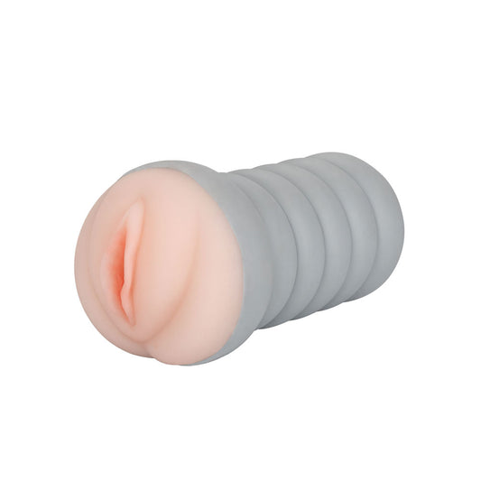 A flesh-pink masturbator with a detailed, ribbed texture along its length and a closed end, made from a stretchy, realistic material.