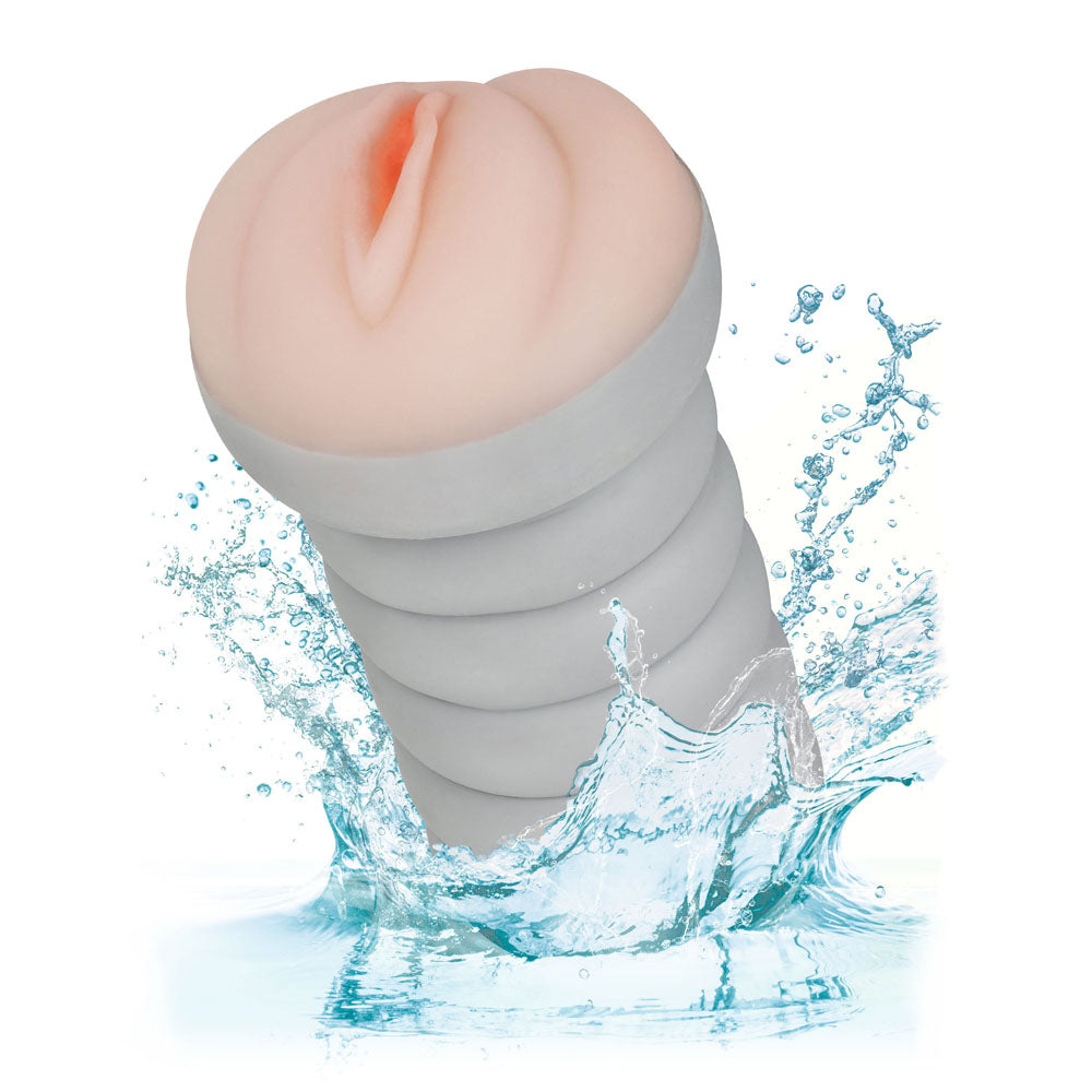 Realistic adult toy with water splash on a white background