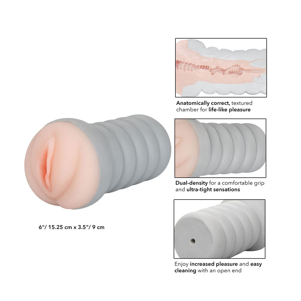 Realistic dildo with anatomical details and text on a white background