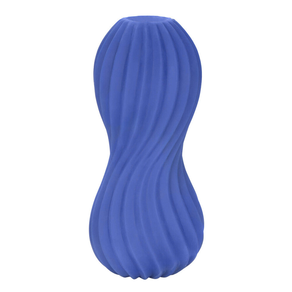 Blue neck pillow with ribbed texture on a white background