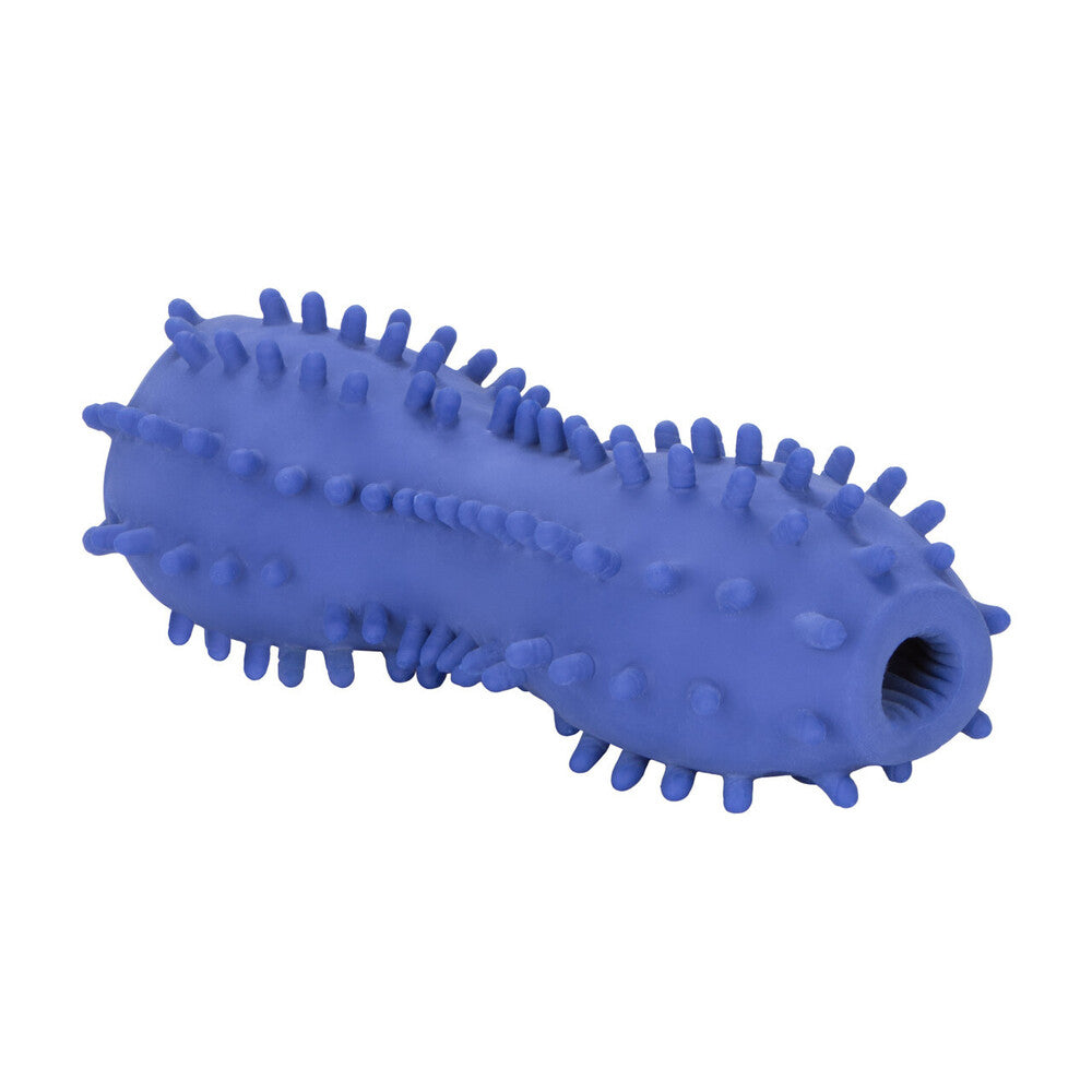 Blue rubber dog toy with spiky texture on a white background