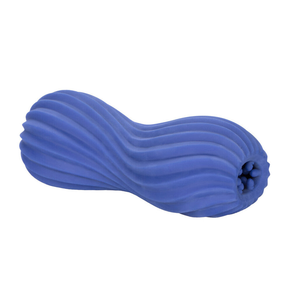The product image shows the packaging of the Apollo Premium Dual Stroker Masturbator by California Exotic. The packaging is predominantly blue, featuring the image of a sleek blue masturbator with raised textures.