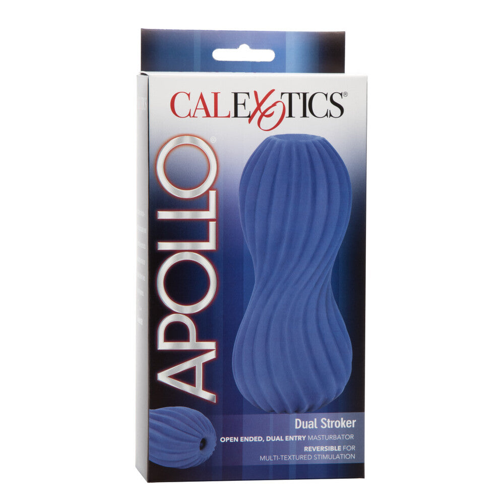The product image shows the packaging of the Apollo Premium Dual Stroker Masturbator by California Exotic. The packaging is predominantly blue, featuring the image of a sleek blue masturbator with raised textures.