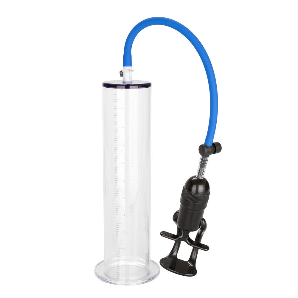Clear cylindrical container with a blue hose and black pump on a white background