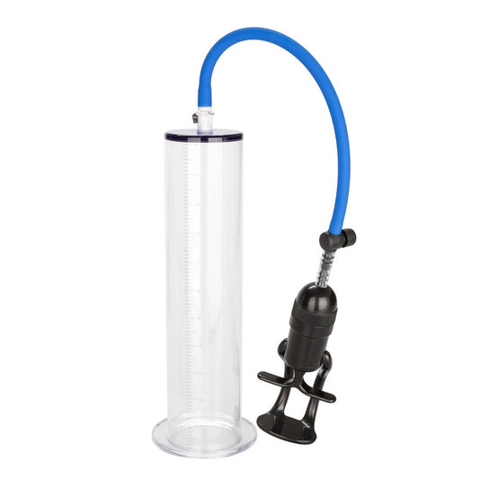 Clear cylindrical container with a blue hose and black pump on a white background