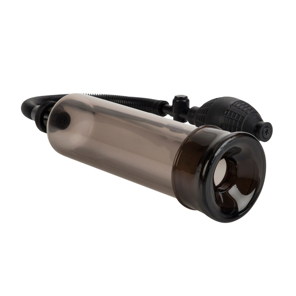 Transparent cylindrical container with black lid and handle on a white background