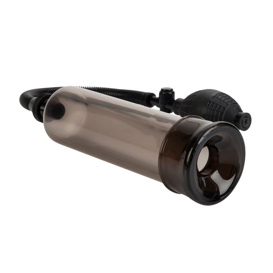 Transparent cylindrical container with black lid and handle on a white background