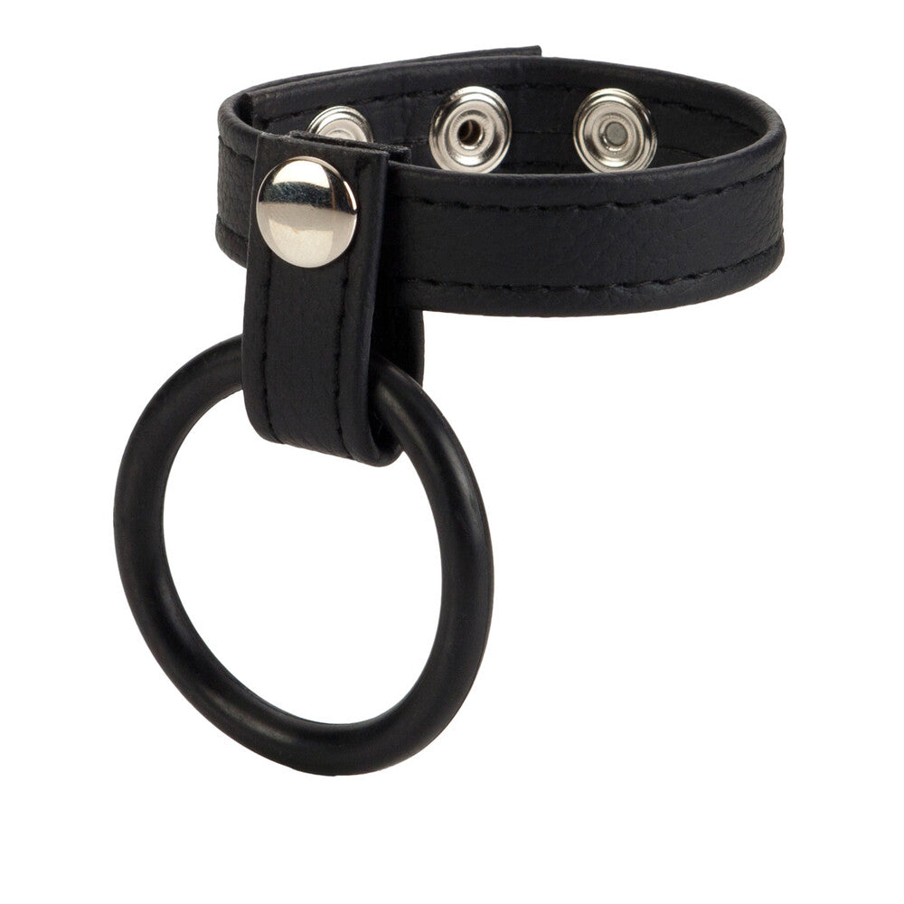 Black leather choker with metal rings on a white background