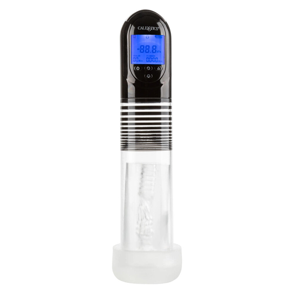 Digital thermometer with clear body and black top on a white background