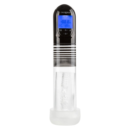 Digital thermometer with clear body and black top on a white background